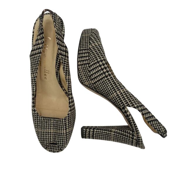 Bettye Muller Size 7.5 Plaid Slingback High Heels Wool Houndstooth Black Cream - Picture 1 of 9